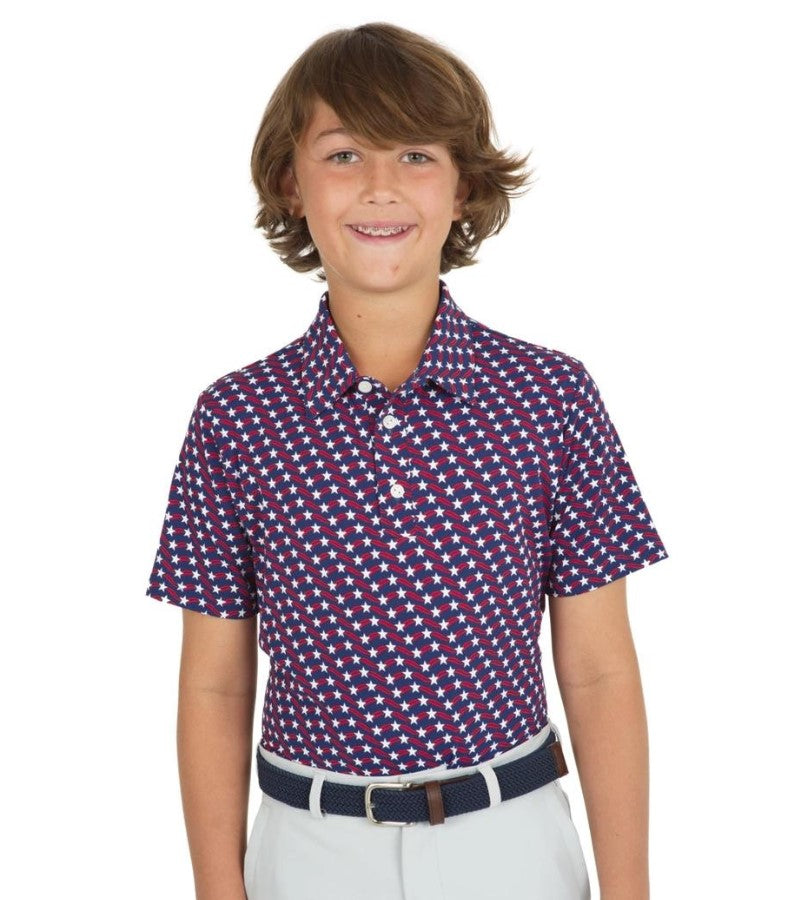 Load image into Gallery viewer, Ibkul Stars &amp; Stripes Short Sleeve Golf Polo Navy
