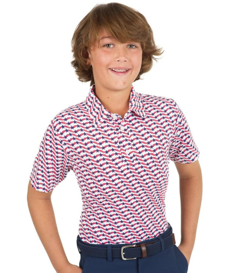 Load image into Gallery viewer, Ibkul Boys Stars &amp; Stripes Golf Polo White
