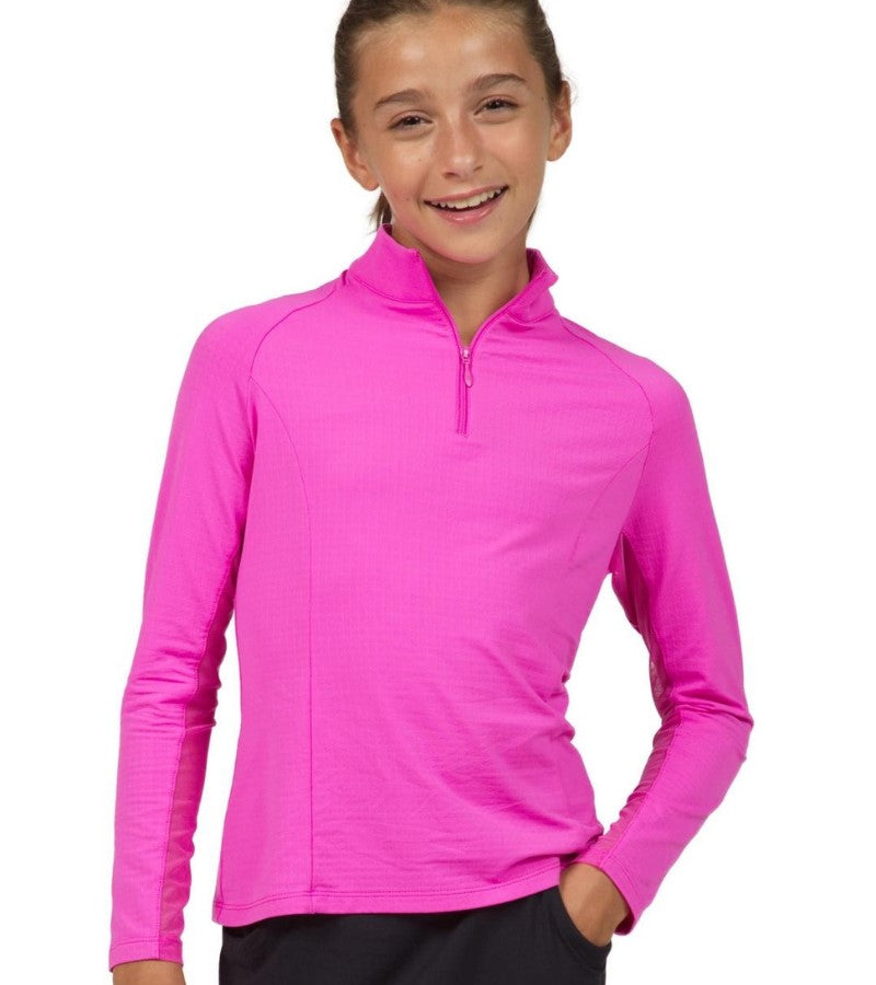 Load image into Gallery viewer, Ibkul Girls Quarter Zip Long Sleeve Golf Shirt - Hot Pink
