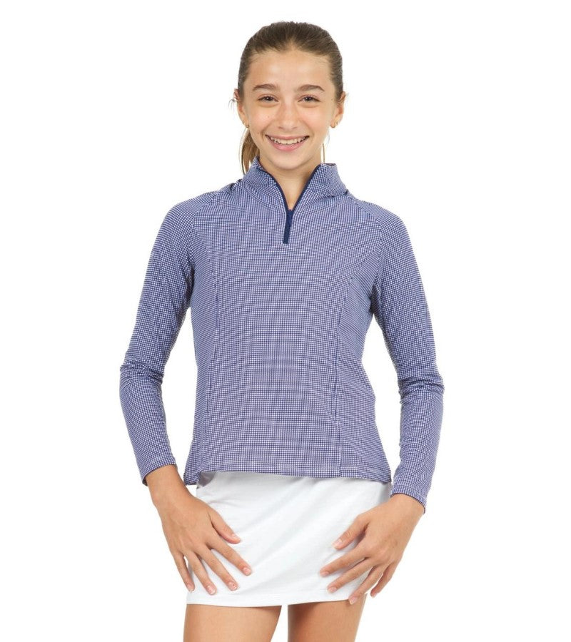 Load image into Gallery viewer, Ibkul Navy Checkered Girls Golf Quarter Zip
