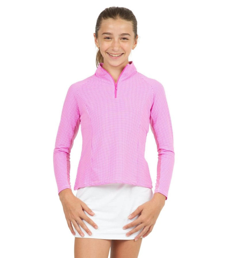 Load image into Gallery viewer, Ibkul Girls Pink Checkered Golf Quarter Zip
