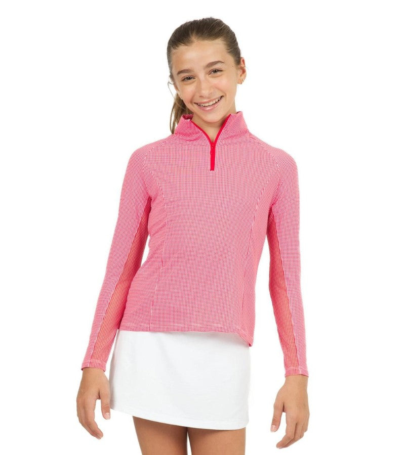 Load image into Gallery viewer, Ibkul Girls Red Checkered Golf Quarter Zip
