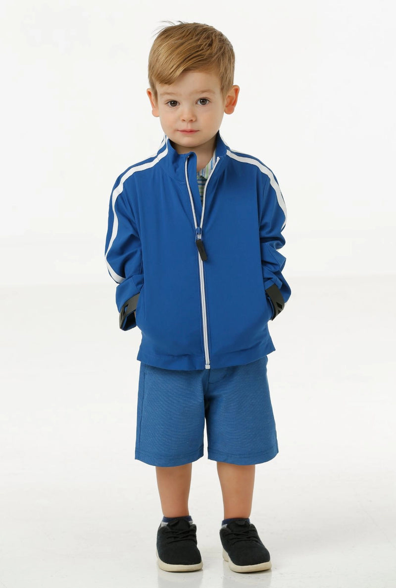 Load image into Gallery viewer, Garb Toddler Rain Jacket Blue with Stripes on boy
