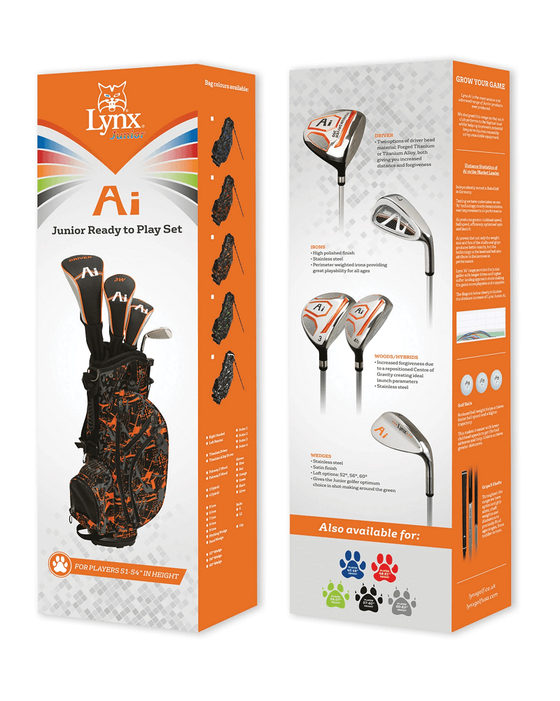 Load image into Gallery viewer, Lynx Ai Junior 5 Club Golf Set for Kids 50-53 Inches Tall Orange - allkidsgolfclubs
